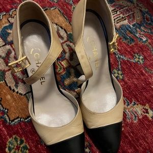 Chanel 2 Tone Beige and Black Ankle Strap Mary Jane Pump